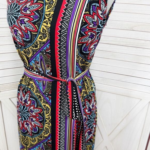Premise Mosaic Multi Print Faux Wrap Belted Sleeveless Dress Multicolor Small - Picture 6 of 12